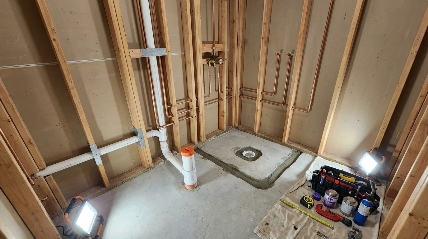Bathroom rough-in plumbing during remodel by Johns Plumbing LLC in East Meadow
