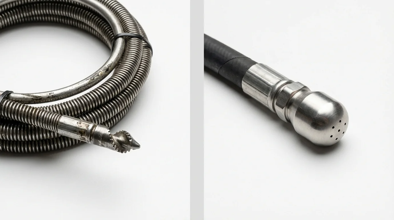 Drain snake cable and hydro jetting nozzle used for drain cleaning in East Meadow, NY
