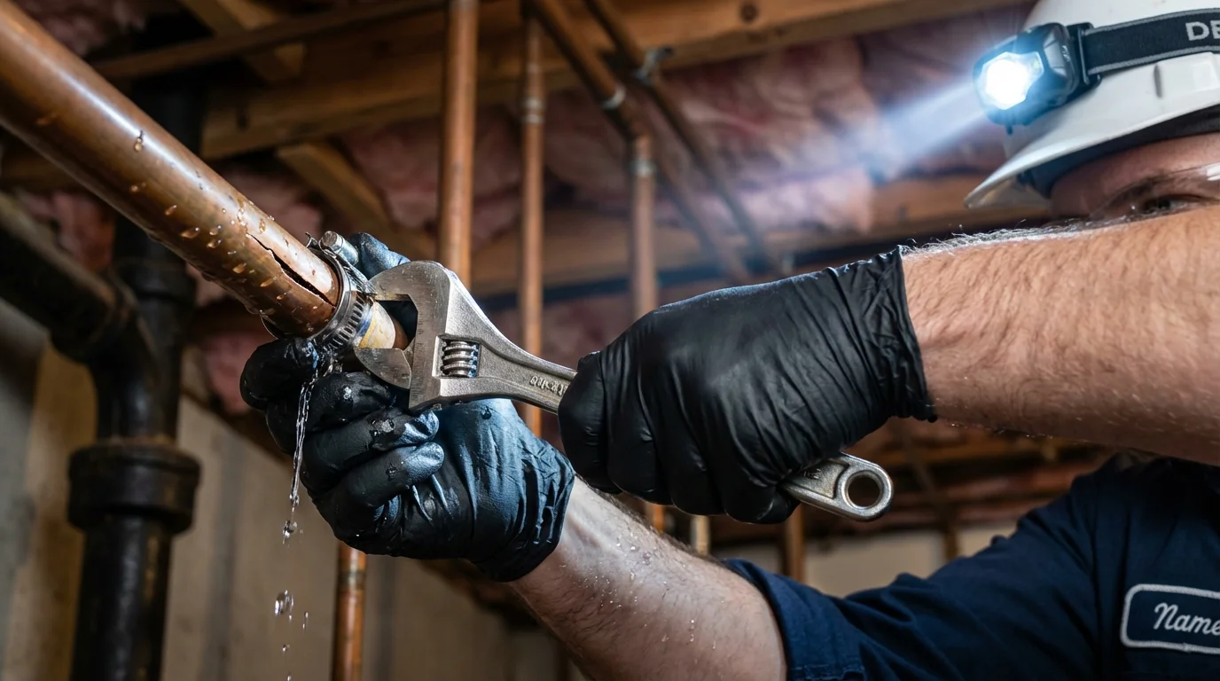 Emergency pipe clamp repair being performed by a Johns Plumbing LLC plumber in East Meadow