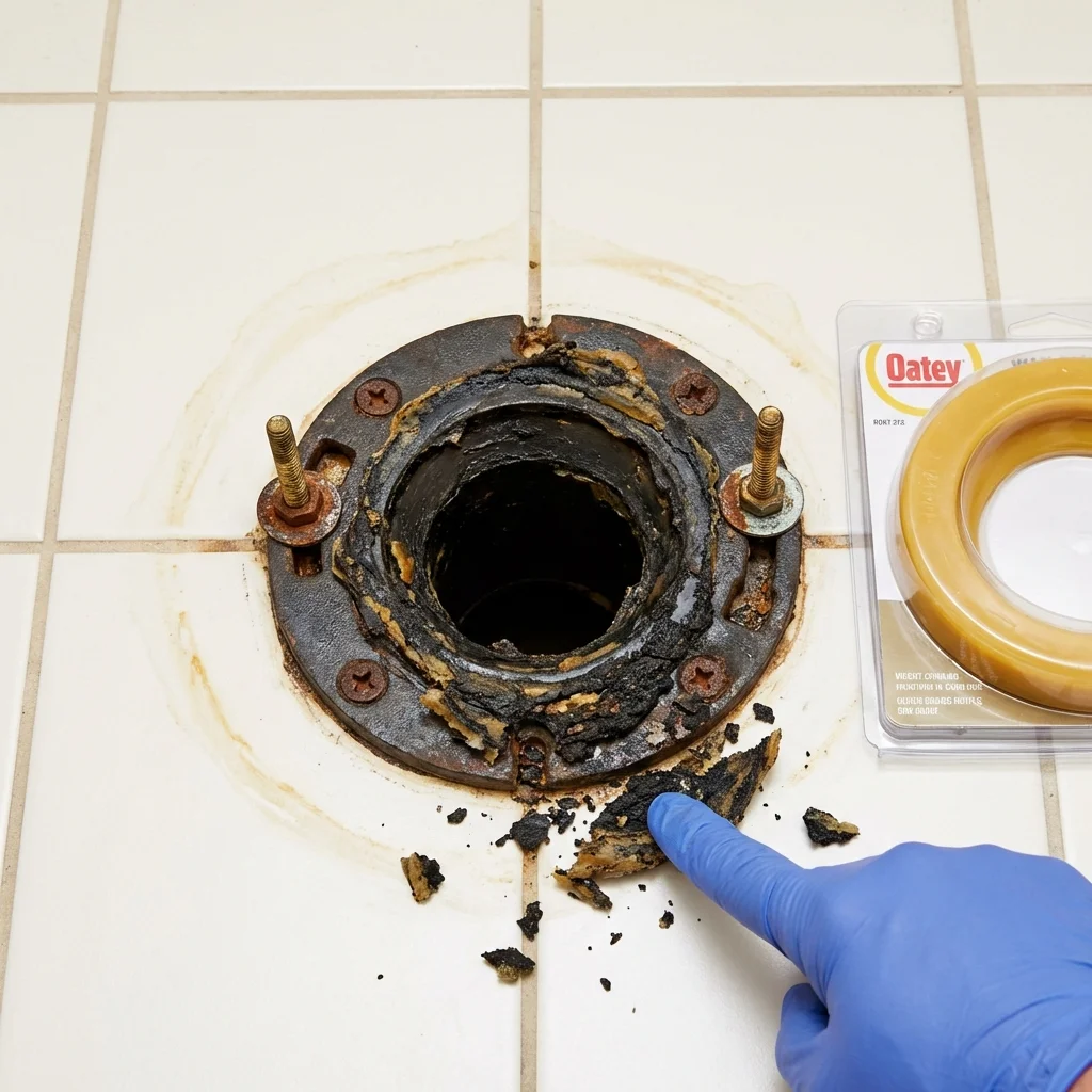 Failed wax ring showing water seepage at the base of a toilet in a East Meadow, NY home