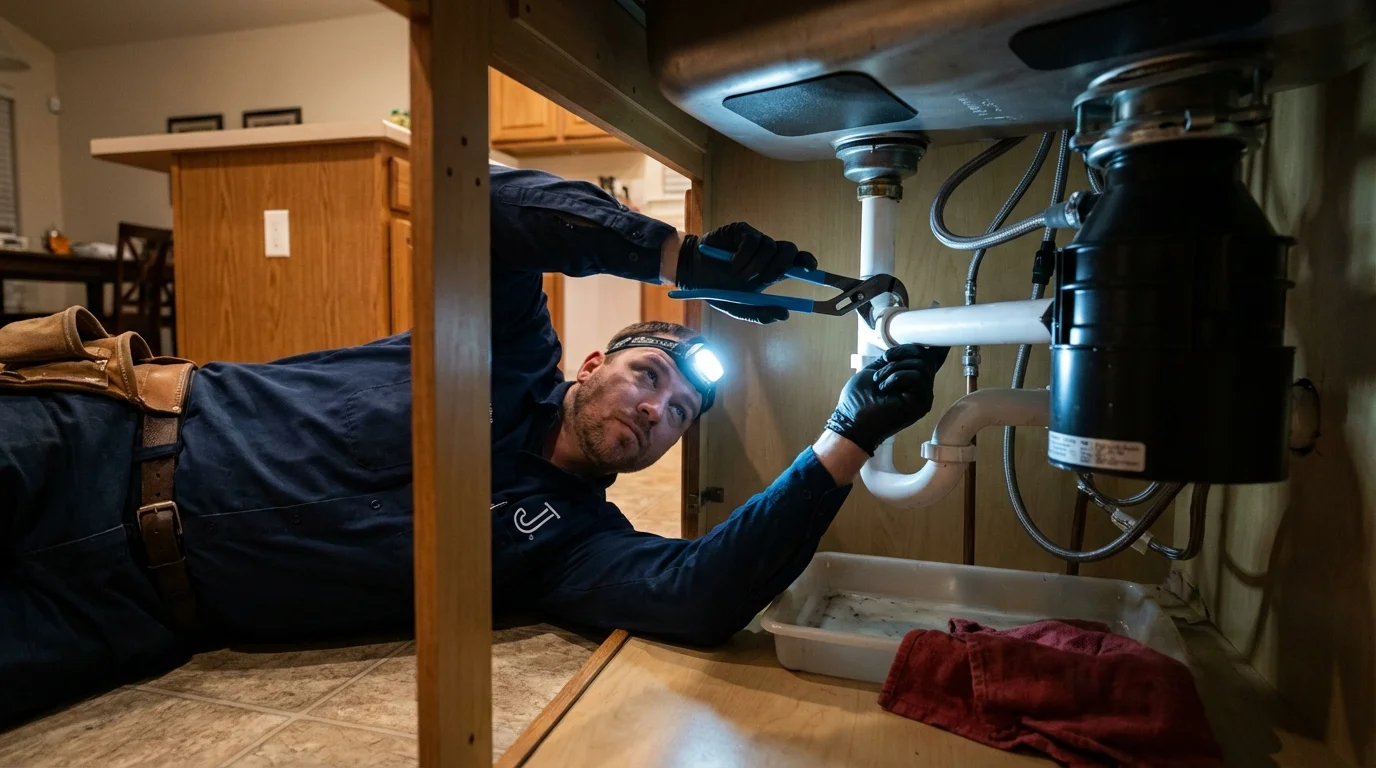 P-trap and supply line connections under a kitchen sink showing a common leak point in East Meadow, NY